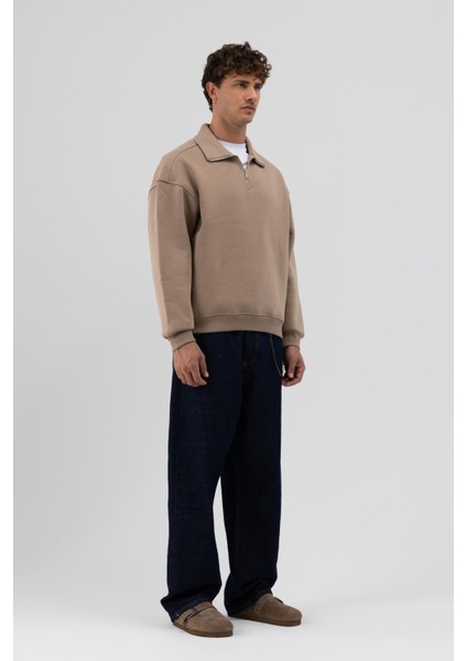 Oversize Fermuarlı Dik Yaka Sweatshirt Vizon fırsatları