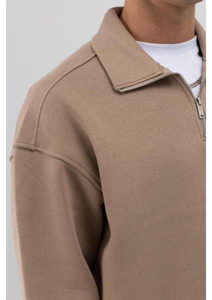Oversize Fermuarlı Dik Yaka Sweatshirt Vizon indirimleri