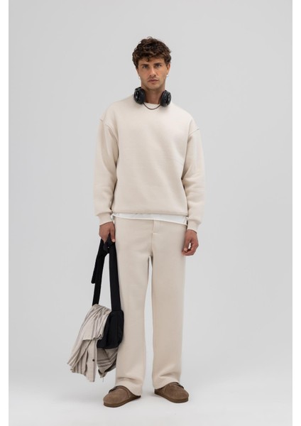 Basic Bisiklet Yaka Oversize Sweatshirt Taş