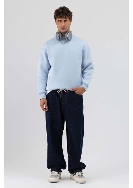 Basic Bisiklet Yaka Oversize Sweatshirt Bebe Mavi