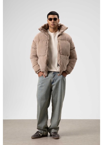 Oversize Kadife Şişme Mont Bej