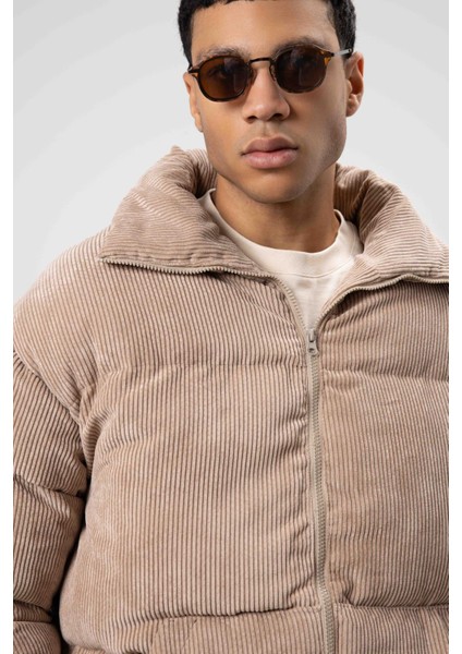 Oversize Kadife Şişme Mont Bej