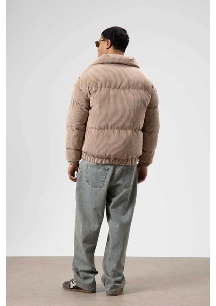 Oversize Kadife Şişme Mont Bej