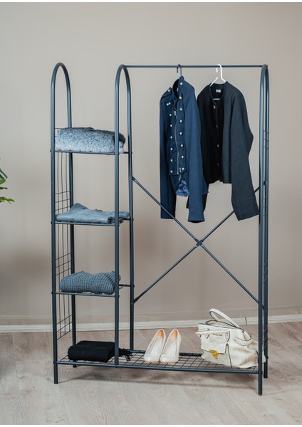 elite 5 Raflı Siyah Metal Elbise Askılık Portmanto Ayaklı Konfeksiyon Askılık