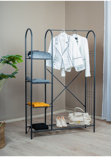 elite 5 Raflı Siyah Metal Elbise Askılık Portmanto Ayaklı Konfeksiyon Askılık fiyatları