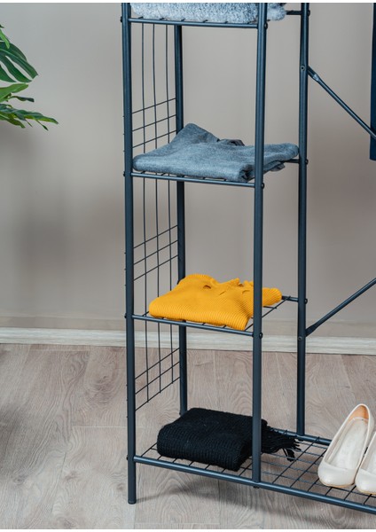 elite 5 Raflı Siyah Metal Elbise Askılık Portmanto Ayaklı Konfeksiyon Askılık