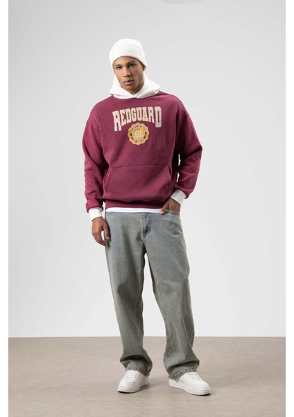 Oversize Baskılı Kapüşonlu Sweatshirt Bordo