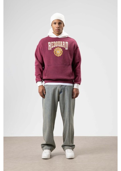 Oversize Baskılı Kapüşonlu Sweatshirt Bordo indirimleri