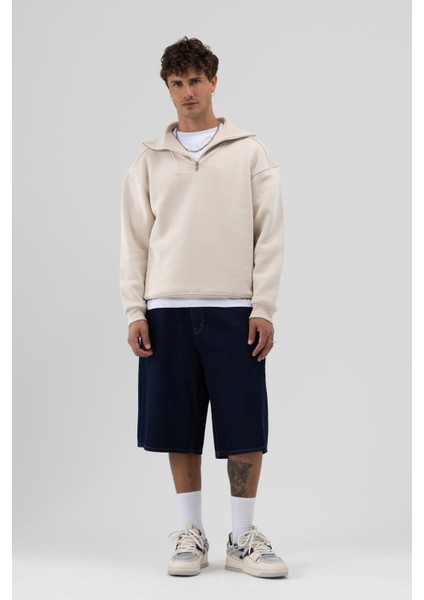 Basic Fermuarlı Dik Yaka Sweatshirt Taş