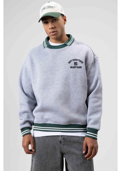 Oversize Yaka Nakış Detaylı Sweatshirt Gri Melanj modelleri