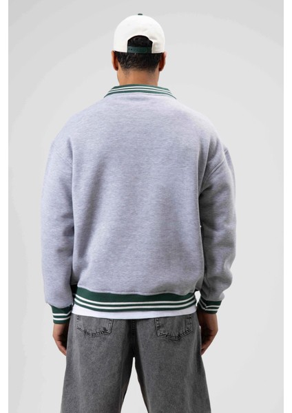 Oversize Yaka Nakış Detaylı Sweatshirt Gri Melanj indirimleri