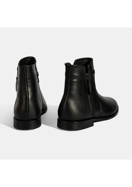 Kadın Siyah Çift Fermuarlı Deri Bot