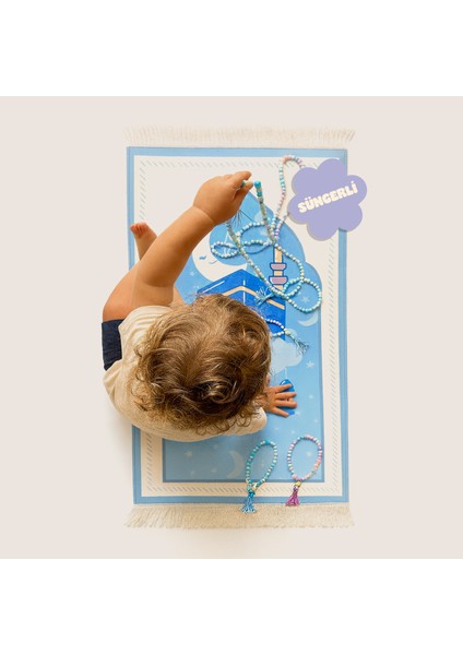 Ay Yıldızlı Kabe Desenli Süngerli Çocuk Seccadesi