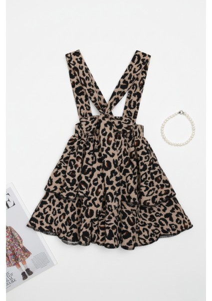 Kız Çocuk Helen Leopar Askılı Kat Kat Bağlama Jile Elbise