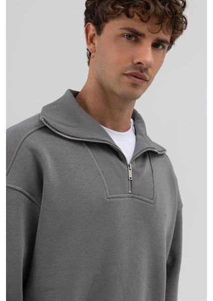 Basic Fermuarlı Dik Yaka Sweatshirt Füme fiyatları