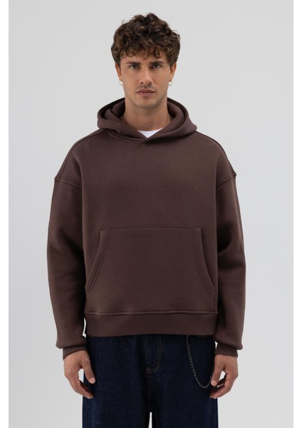 Basic Kapüşonlu Boxy Fit Sweatshirt Kahve modelleri