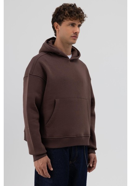 Basic Kapüşonlu Boxy Fit Sweatshirt Kahve fırsatları