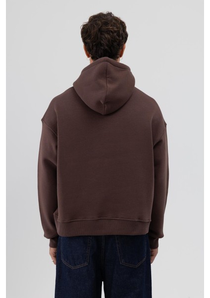 Basic Kapüşonlu Boxy Fit Sweatshirt Kahve