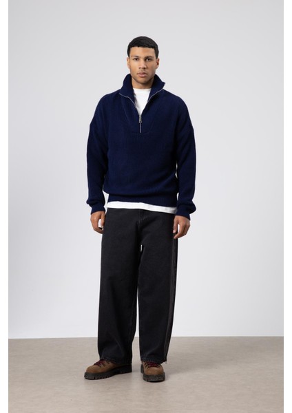 Yarım Fermuarlı Triko Kazak Lacivert