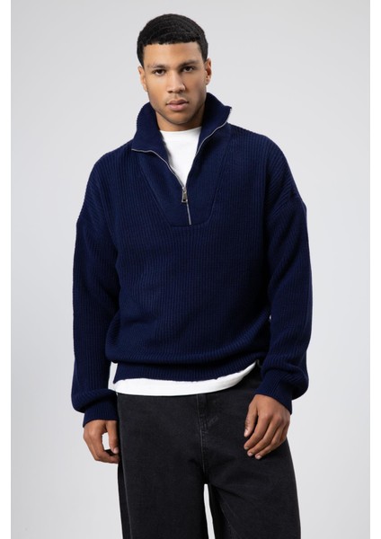 Yarım Fermuarlı Triko Kazak Lacivert fiyatları