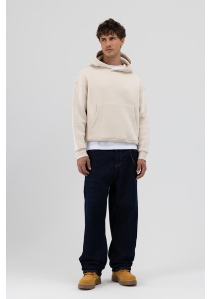 Basic Kapüşonlu Boxy Fit Sweatshirt Taş