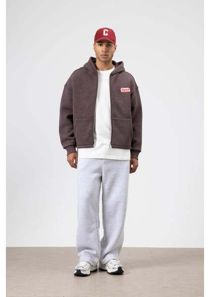 Oversize Fermuarlı Kapüşonlu Sweatshirt Kahve