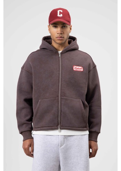 Oversize Fermuarlı Kapüşonlu Sweatshirt Kahve indirimleri