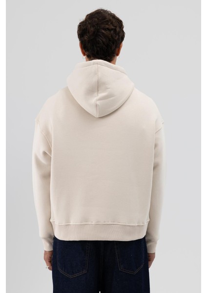 Basic Kapüşonlu Boxy Fit Sweatshirt Taş