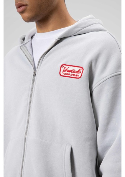 Oversize Fermuarlı Kapüşonlu Sweatshirt Açık Gri modelleri