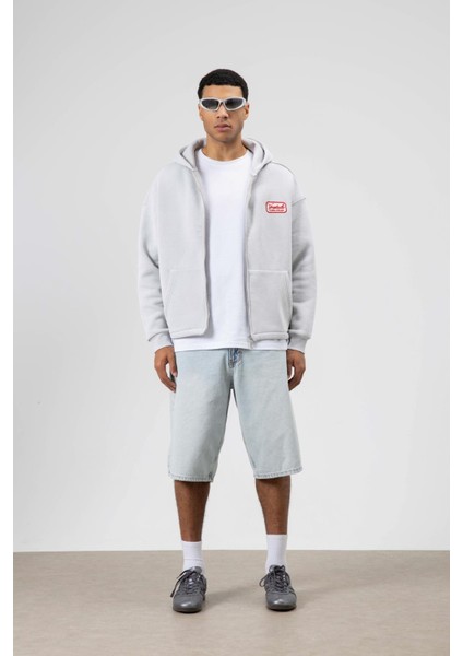 Oversize Fermuarlı Kapüşonlu Sweatshirt Açık Gri fırsatları