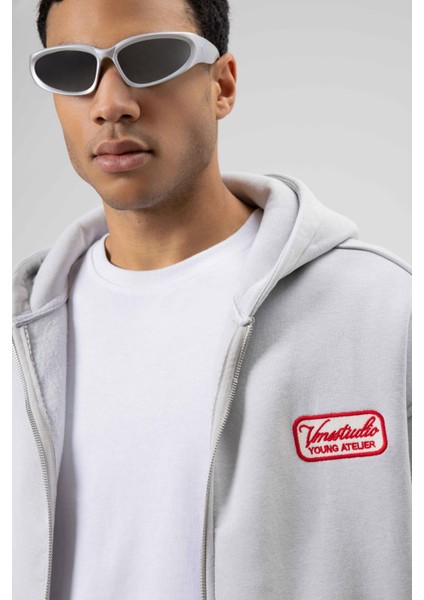 Oversize Fermuarlı Kapüşonlu Sweatshirt Açık Gri