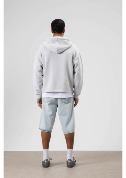 Oversize Fermuarlı Kapüşonlu Sweatshirt Açık Gri