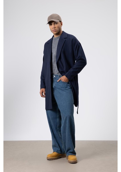 Kemerli Oversize Kaşe Kaban Lacivert