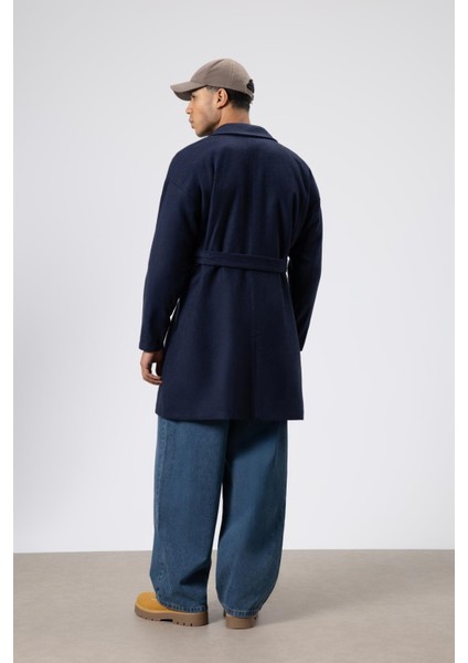 Kemerli Oversize Kaşe Kaban Lacivert fiyatları