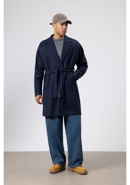 Kemerli Oversize Kaşe Kaban Lacivert modelleri