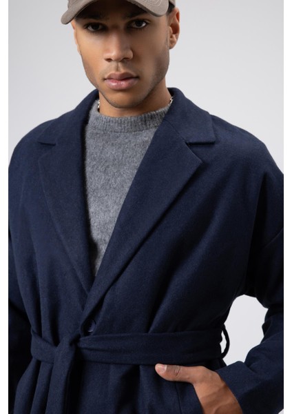 Kemerli Oversize Kaşe Kaban Lacivert fırsatları