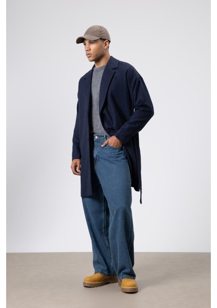 Kemerli Oversize Kaşe Kaban Lacivert indirimleri