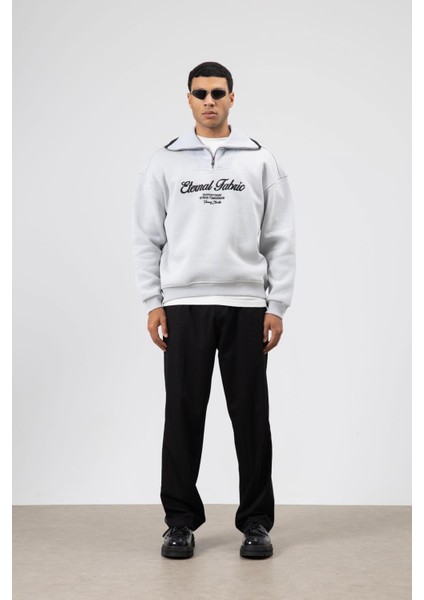 Oversize Fermuarlı Yaka Sweatshirt Açık Gri