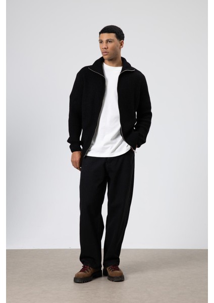 Oversize Fermuarlı Triko Hırka Siyah