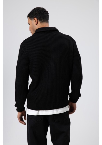 Oversize Fermuarlı Triko Hırka Siyah indirimleri