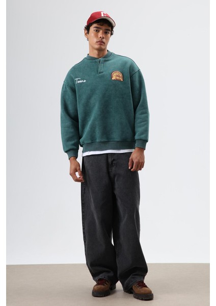 Oversize Bisiklet Yaka Baskılı Sweatshirt Nefti