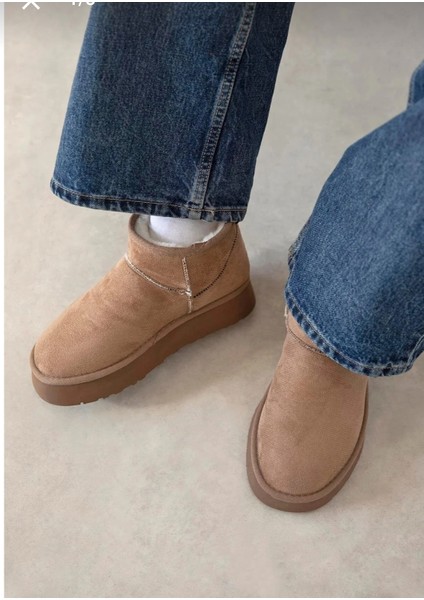 Kadın Vizon Mini Süet Içi Kürklü Yüksek Kalın Taban Kışlık Bot