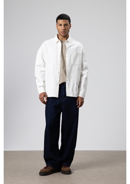 Oversize Gabardin Gömlek Ceket Beyaz