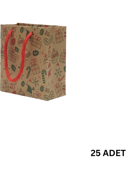 Yılbaşı Tasarımlı Kraft Karton Çanta SETI-25LI, Kırmızı Ipli Parti, Noel, Hediye Çantası, 11X11 cm