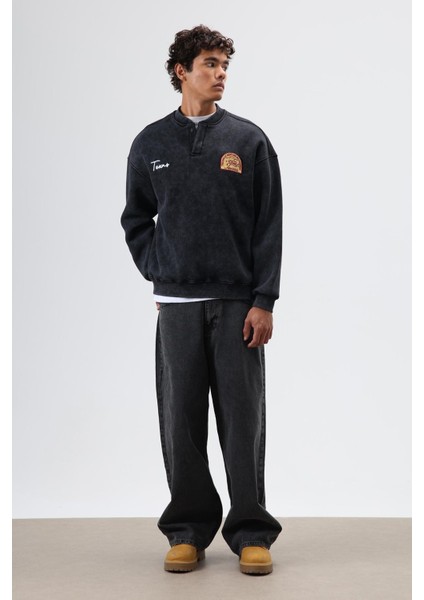 Oversize Bisiklet Yaka Baskılı Sweatshirt Siyah modelleri