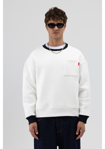 Bisiklet Yaka Cep Detaylı Oversize Sweatshirt Ekru