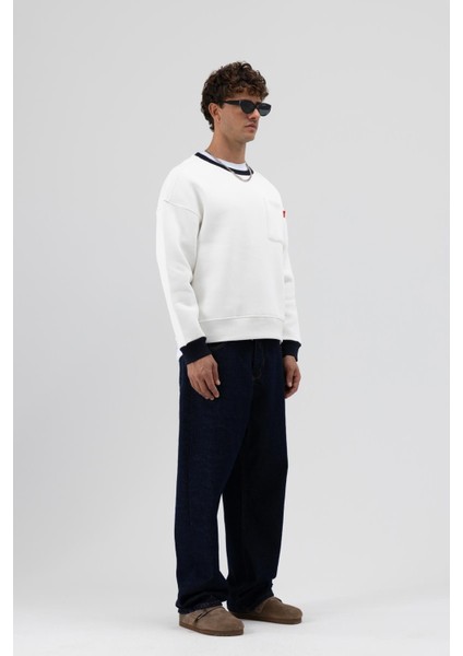 Bisiklet Yaka Cep Detaylı Oversize Sweatshirt Ekru fiyatları