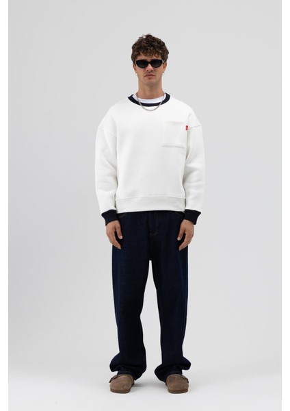 Bisiklet Yaka Cep Detaylı Oversize Sweatshirt Ekru