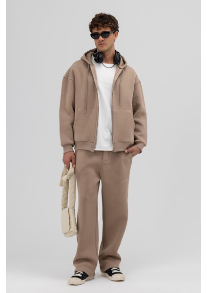 Basic Fermuarlı Oversize Kapüşonlu Sweatshirt Vizon