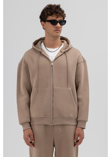 Basic Fermuarlı Oversize Kapüşonlu Sweatshirt Vizon modelleri